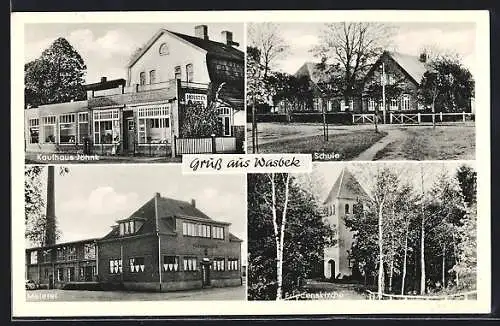 AK Wasbek, Friedenskirche, Schule, Kaufhaus Jöhnk, Meierei