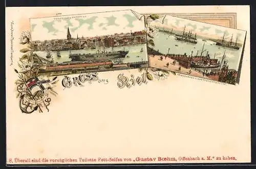 Lithographie Kiel, Kriegshafen mit Dampfschiffbrücke, Totalansicht von Gaarden aus