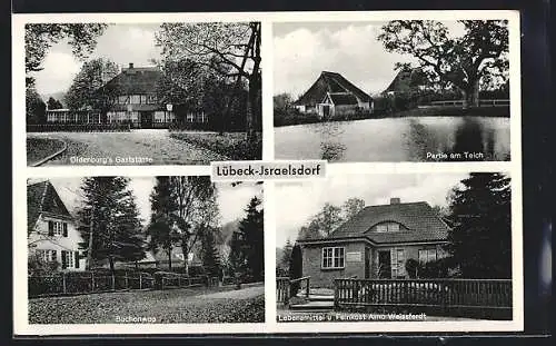 AK Lübeck-Israelsdorf, Oldenburgs Gaststätte, Lebensmittel Weissferdt, Strassenpartie Buchenweg