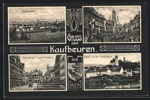 AK Kaufbeuren, Tänzelfest, Stadtmauer-Partie, Totalansicht, Wappen