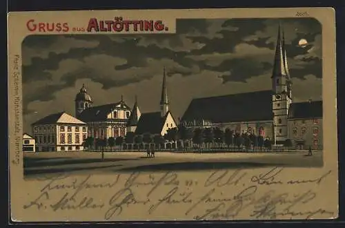 Mondschein-Lithographie Altötting, Ortspanorama mit Kirchen, leuchtende Fenster