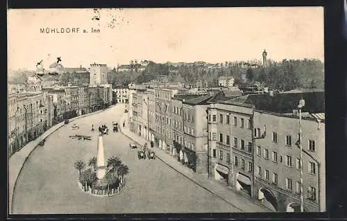 AK Mühldorf a. Inn, Strassenpartie mit Obelisk aus der Vogelschau