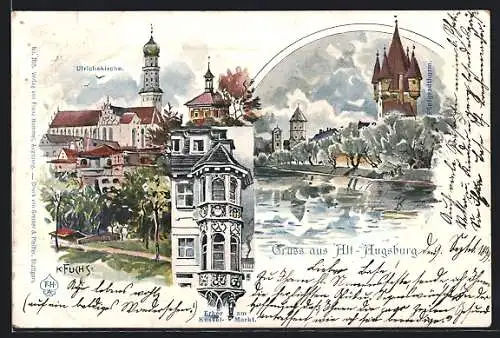 Lithographie Augsburg, Ulrichskirche und Fünfgradthurm in Alt-Augsburg