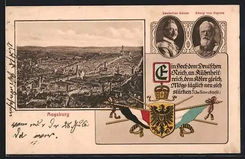 Passepartout-AK Augsburg, Ortsansicht, Portraits Kaiser und König, Reichswappen mit Fahnen