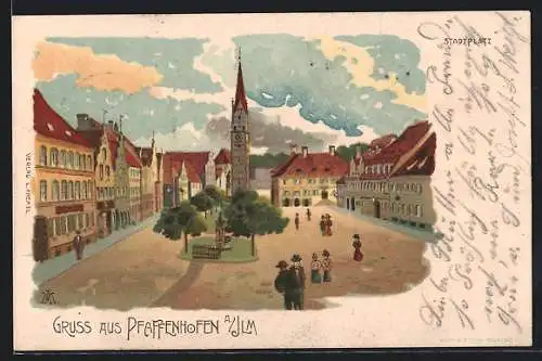 Lithographie Pfaffenhofen /Ilm, Stadtplatz mit Denkmal und Turm aus der Vogelschau