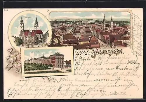 Lithographie Ingolstadt, Totalansicht aus der Vogelschau, Rathaus, Kaserne