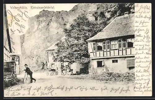 AK Weihersmühle im Kleinziegenfeldertal, Mann mit Fahrrad, Pferdewagen