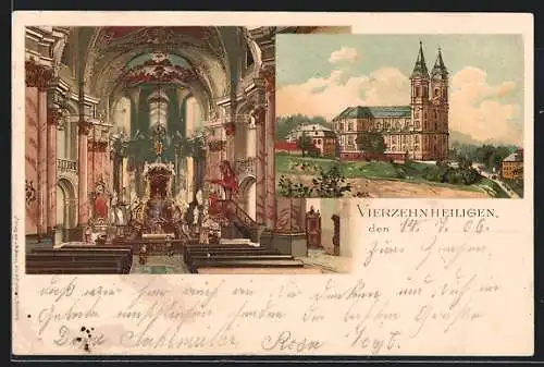 Lithographie Vierzehnheiligen, Basilika, Innenansicht