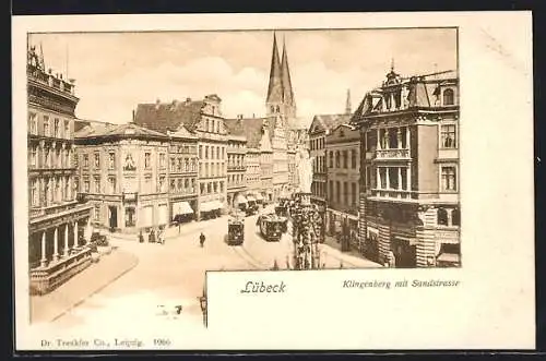 AK Lübeck, Klingenberg mit Sandstrasse aus der Vogelschau, Strassenbahnen