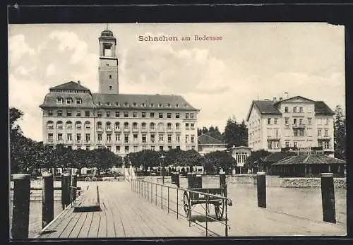 AK Schachen /Bodensee, Seesteig mit Blick auf Ufergebäude
