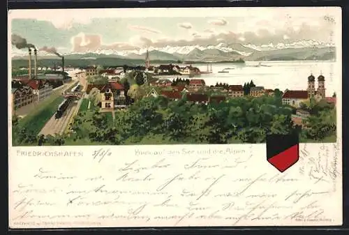 Lithographie Friedrichshafen, Blick auf den See & die Alpen, Wappen