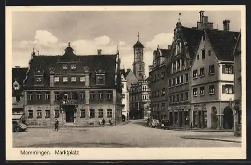 AK Memmingen, Marktplatz mit Konditorei und Turmblick