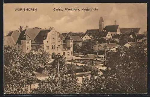 AK Wörishofen, Ortsansicht mit Casino, Pfarrkirche und Klosterkirche