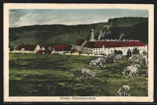 AK Oberschönenfeld, Weidende Schafe vor dem Kloster