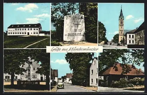 AK Münchsmünster, Kriegerdenkmal, Blick zur Kirche, Strassenpartie mit VW Käfer