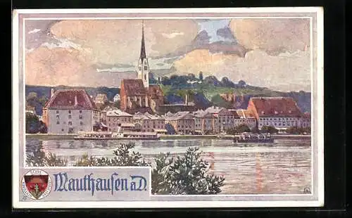 Künstler-AK Mauthausen a. D., Blick übers Wasser zur Kirche