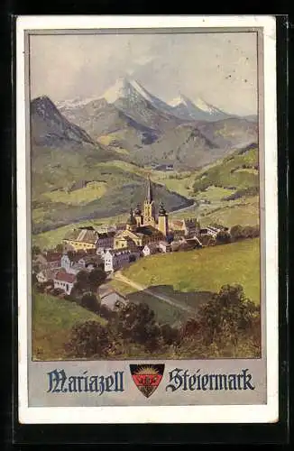AK Deutscher Schulverein Nr. 552: Mariazell, Ortsansicht gegen Alpen