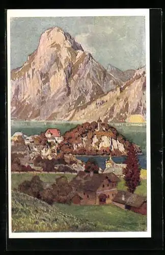 Künstler-AK Traunkirchen am Traunsee, Ortsansicht mit Bergpanorama