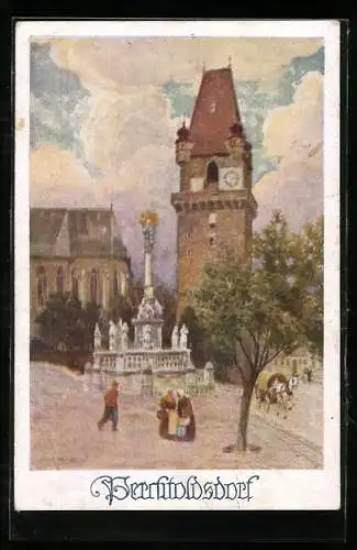 Künstler-AK Eduard Reckziegel: Perchtoldsdorf, Rathaus mit Brunnen