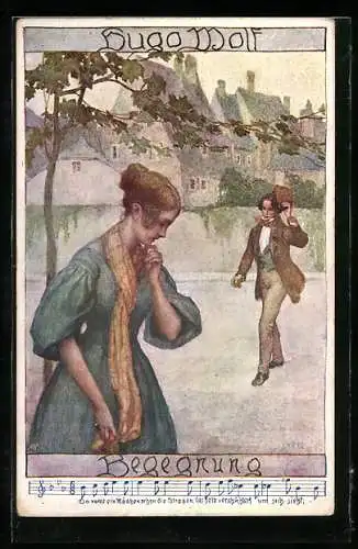 Künstler-AK Brüder Kohn (B.K.W.I) Nr. 321-5: Mann grüsst die junge Frau auf der Strasse, Begegnung