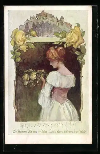 Künstler-AK sign. Erich Schütz: Die Rosen blühen im Tale, Soldaten ziehen ins Feld, Frau mit Rosenstrauss