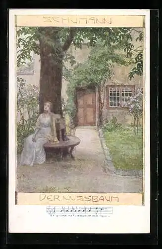 Künstler-AK Brüder Kohn (B.K.W.I) Nr. 557-1: Schumann, Der Nussbaum, junges Fräulein sitzt im Schatten des Baumes