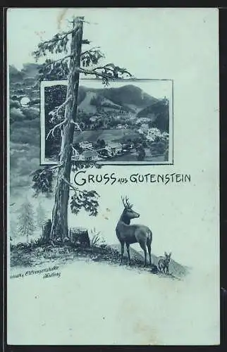 Mondschein-AK Gutenstein, Ortspartie, Rehbock und Reh