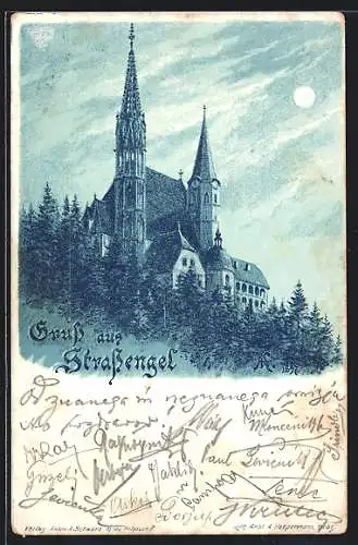 Lithographie Strassengel, Blick zur Kirche