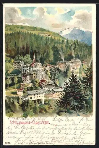 Lithographie Wildbad-Gastein, Teilansicht mit Kirche