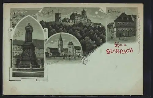 Mondschein-Lithographie Eisenach, Wartburg, Lutherhaus, Nikolaithor