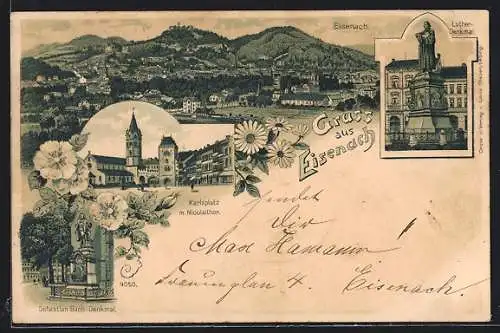 Lithographie Eisenach, Panorama mit Karlsplatz und Luther-Denkmal