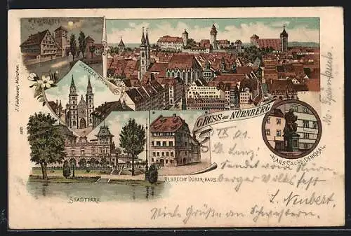 Lithographie Nürnberg, Stadtpark, Lorenzer Kirche, Henkersteg