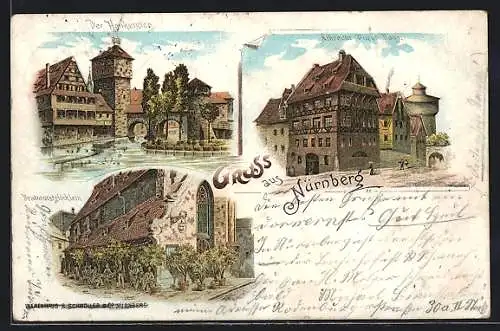 Lithographie Nürnberg, Henkersteg, Albrecht Dürer Haus, Bratwurstglöckchen