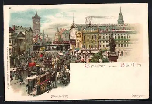 Lithographie Berlin, Alexanderplatz mit Geschäften