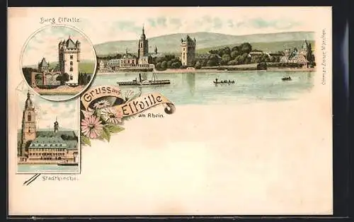 Lithographie Eltville am Rhein, Stadtkirche, Burg, Dampfer passiert den Ort