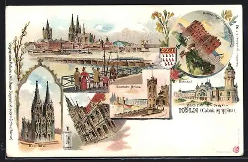 Lithographie Köln, Totalansicht mit Eisenbahn-Brücke