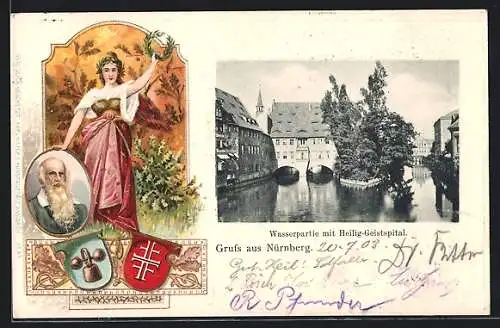 Passepartout-Lithographie Nürnberg, Wasserpartie mit Heilig-Geistspital, Turnvater Jahn