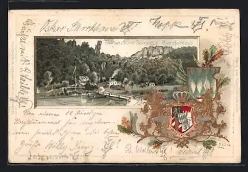 Passepartout-Lithographie Gössweinstein, Gasthaus Stempfermühle, Wappen