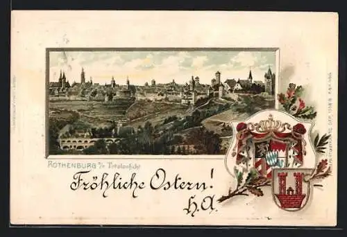 Passepartout-Lithographie Rothenburg, Totalansicht, Wappen