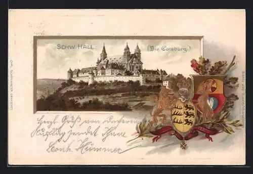 Passepartout-Lithographie Schwäbisch Hall, Die Comburg, Wappen, Eichenlaub