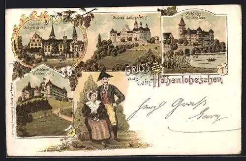 Lithographie Oehringen, Schloss, Schloss Langenburg, Schloss Neuenstein, Schloss Waldenburg