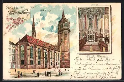Lithographie Wittenberg, Schlosskirche mit Innenraum