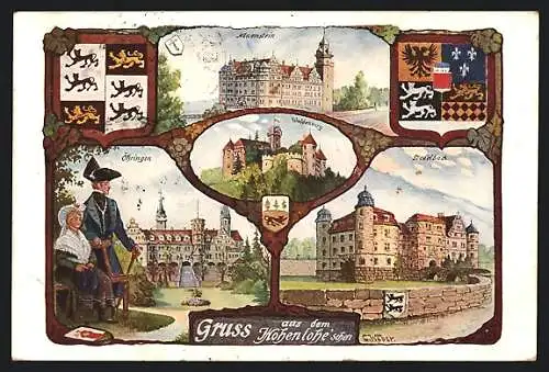 Lithographie Öhringen, Schloss Neuenstein, Schloss Waldenburg, Wappen, Paar in Tracht