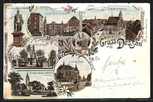 Lithographie Dessau, Marktplatz mit Rathaus, Kaiser Wilhelm Denkmal, Erbprinzen Palais, St. Johanniskirche