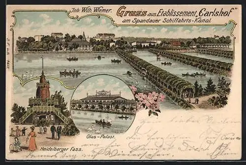 Lithographie Berlin-Charlottenburg, Etablissement Carlshof am Spandauer Schiffahrts-Kanal, Inh. Wilh. Wiemer