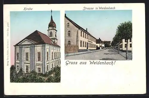 Goldfenster-AK Weidenbach /Mittelfranken, Kirche, Strassenpartie