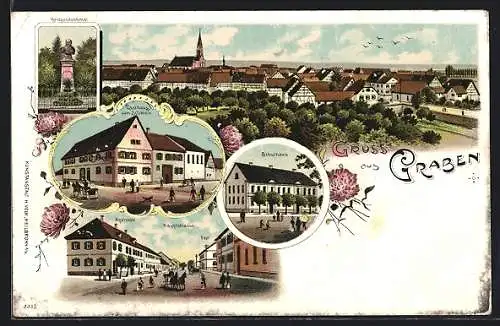 Lithographie Graben, Gasthaus zum Schwan, Kriegerdenkmal, Schulhaus, Hauptstrasse