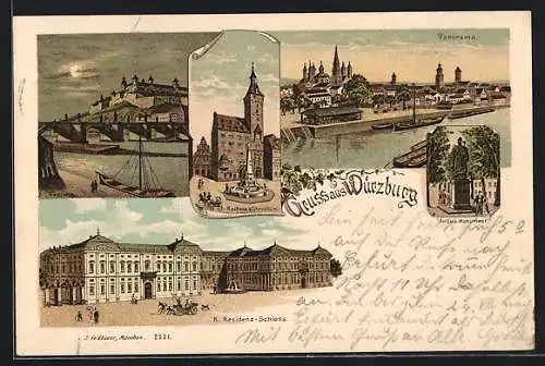Lithographie Würzburg, Residenzschloss, RathausErhardturm, Festung, Julius-Monument, Panorama
