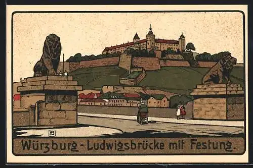Steindruck-AK Würzburg, Ludwigsbrücke mit Festung