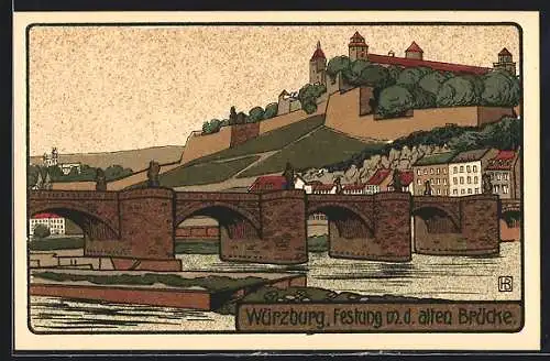 Steindruck-AK Würzburg, Festung mit der alten Brücke
